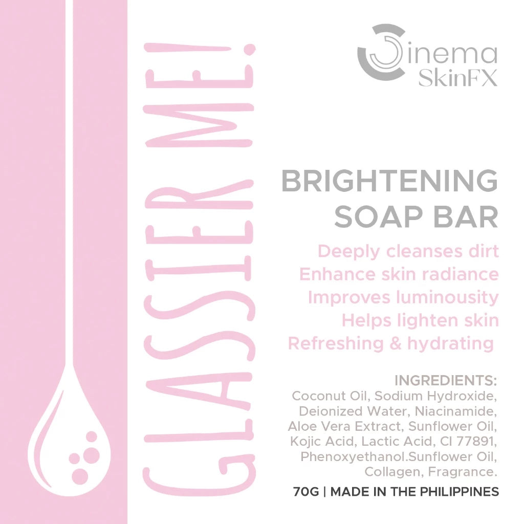Cinema SkinFX Glassier Me brightening soap bar packaging with pink and white design.